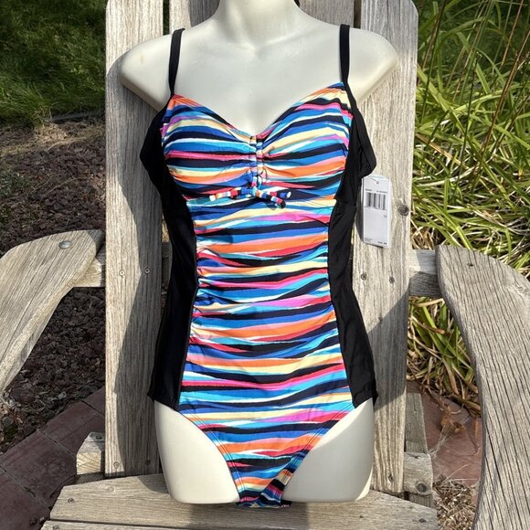 Christina Blue Swimsuit Womens 12 Striped One Piece Slimming Push Up True Fit - Picture 1 of 9